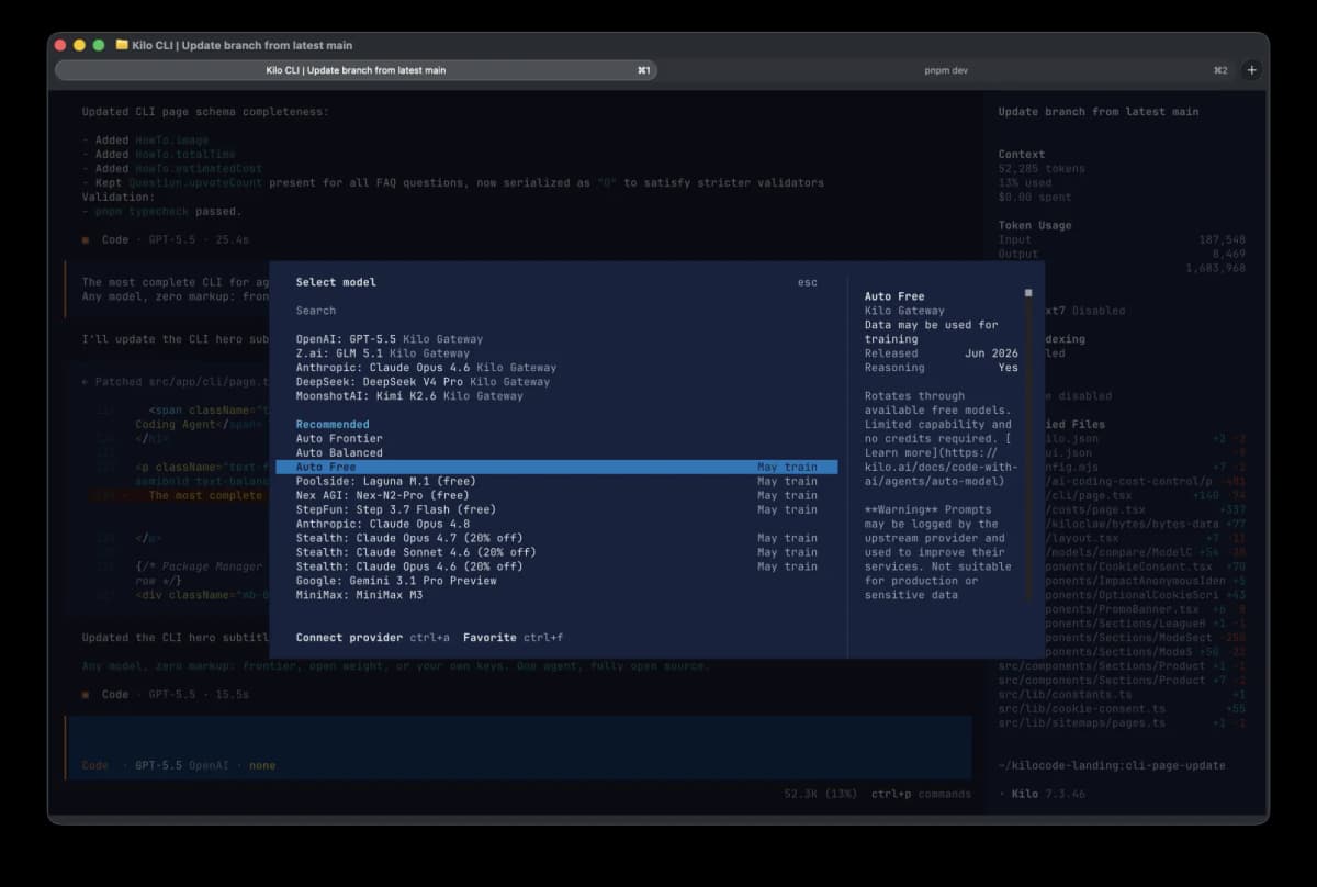 Kilo CLI model picker listing available AI providers and models for terminal coding workflows