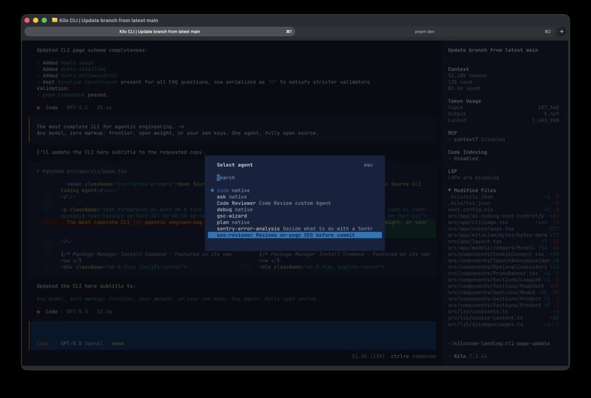 Kilo CLI mode selector showing native coding modes and custom workflow modes available in the terminal