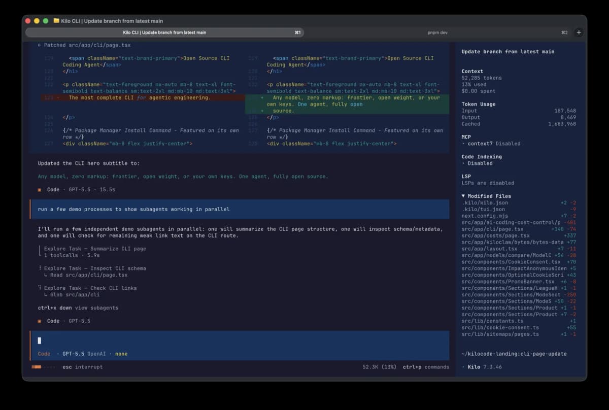 Kilo CLI terminal showing multiple AI coding subagents running in parallel with separate task status panels