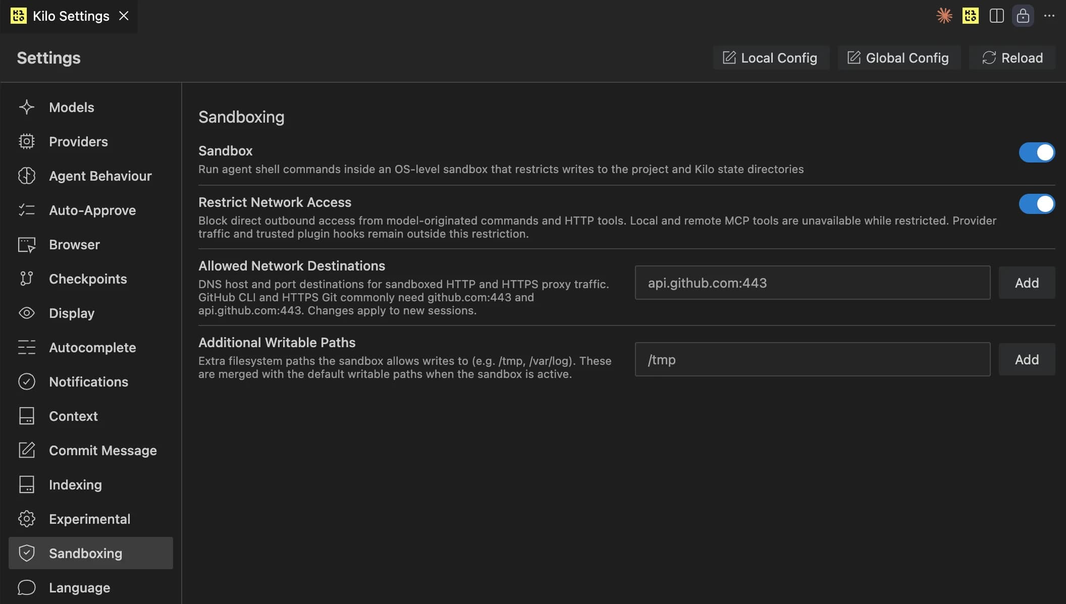Kilo Code VS Code sandbox settings showing workspace-only writes and network deny controls