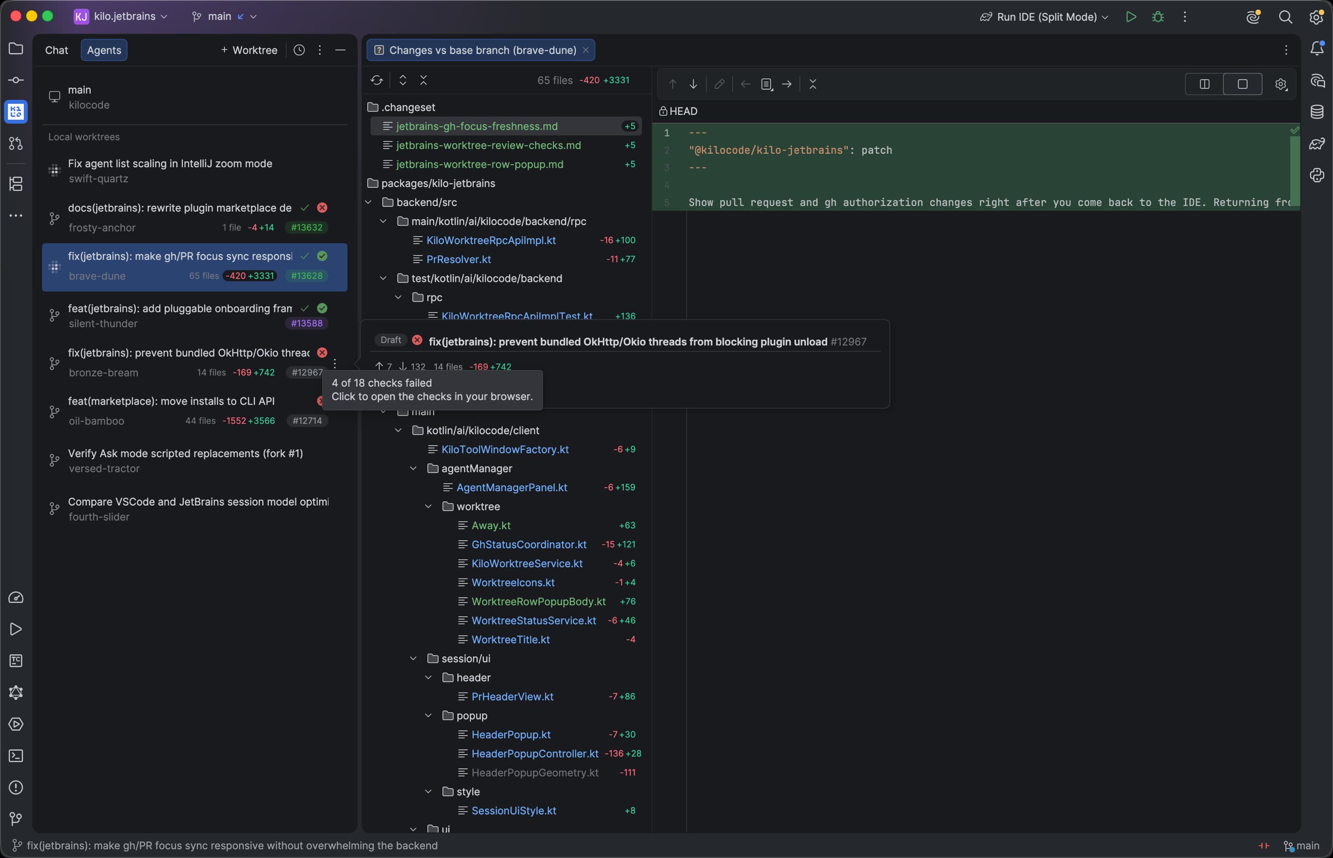 Kilo Code showing GitHub pull request status, changes against the base branch, and uncommitted changes