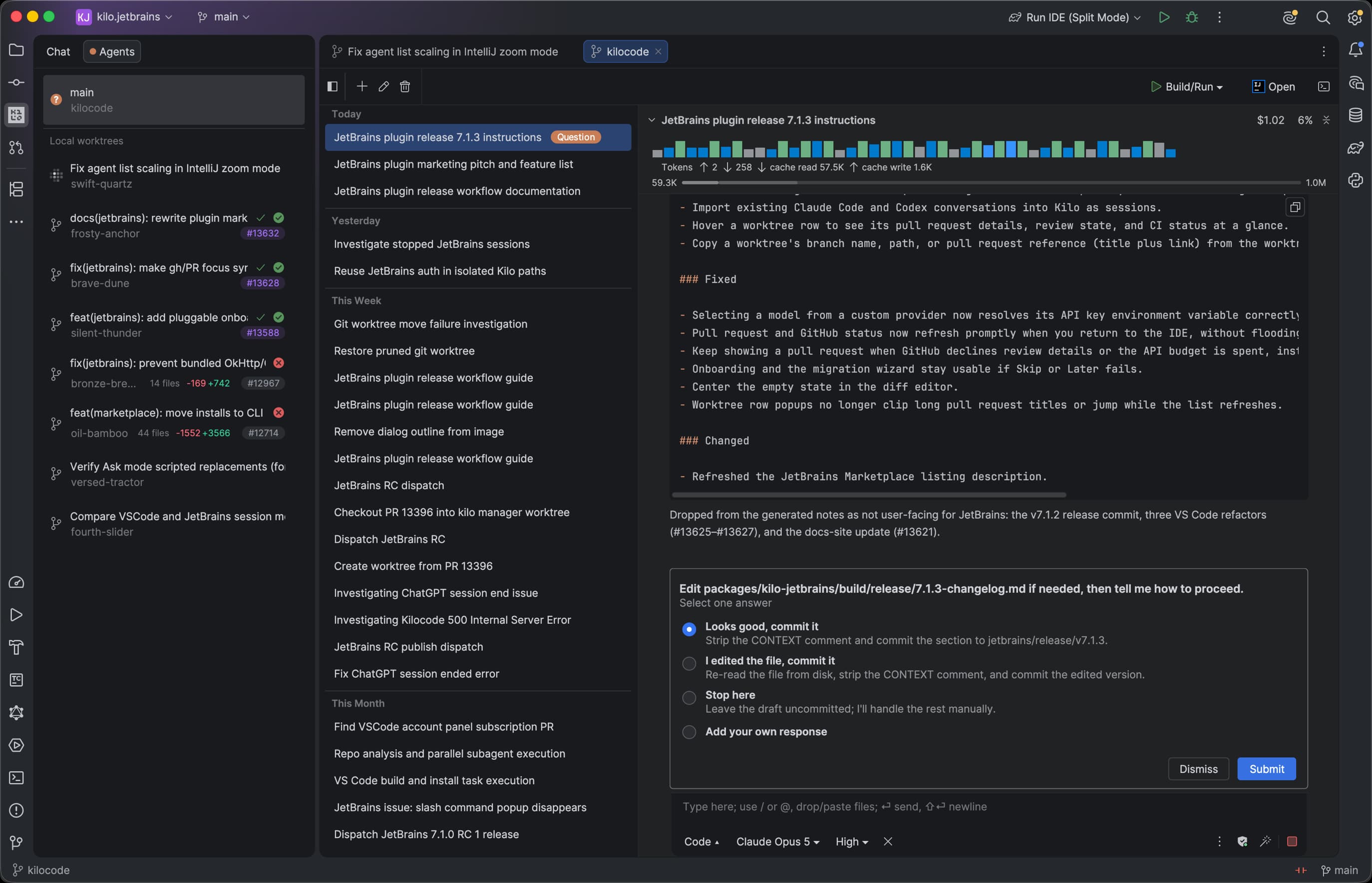 Kilo Code Agent Manager displaying worktrees and session history with a JetBrains split-mode run configuration