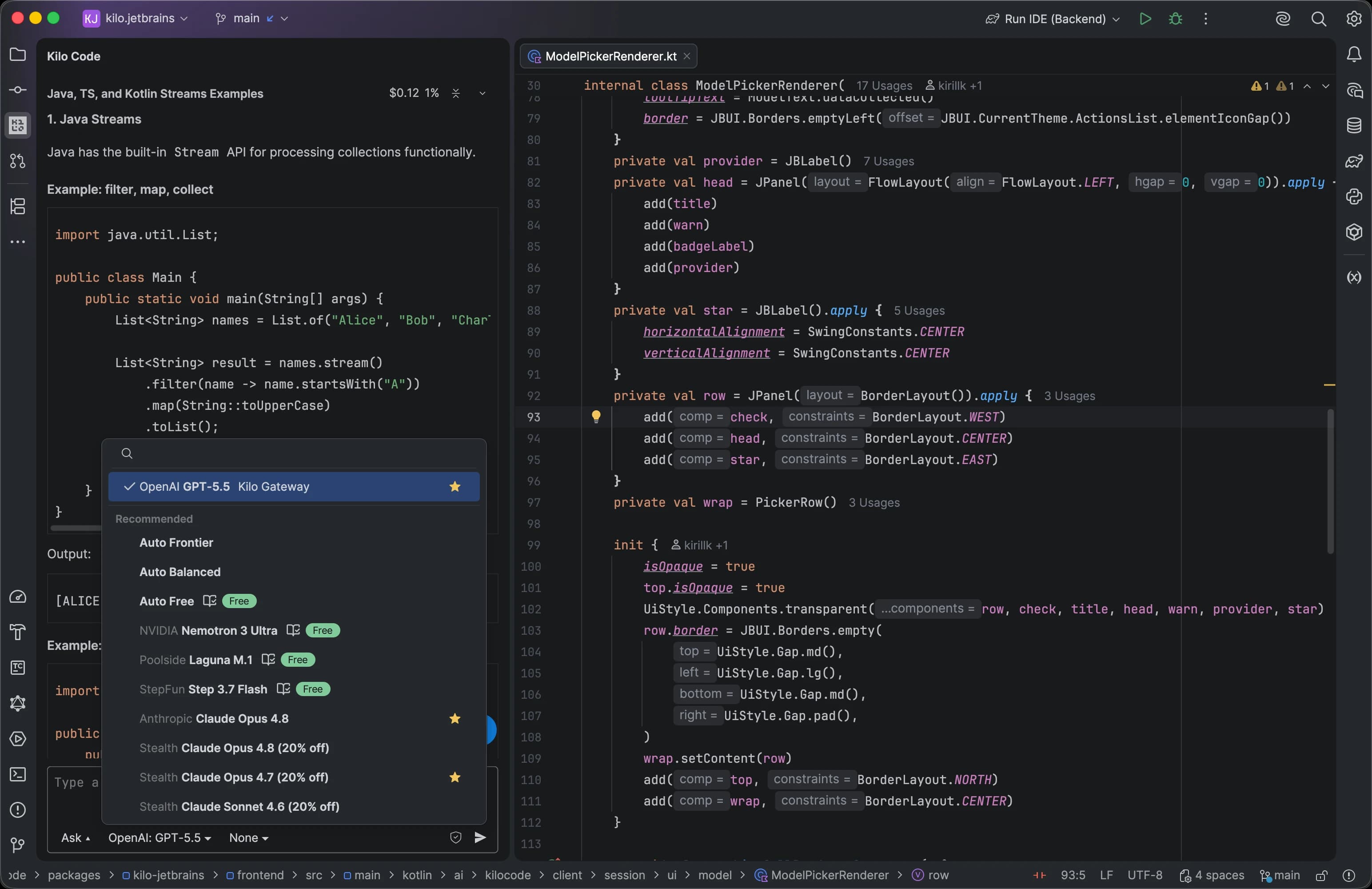 Kilo Code native JetBrains extension running inside a JetBrains IDE