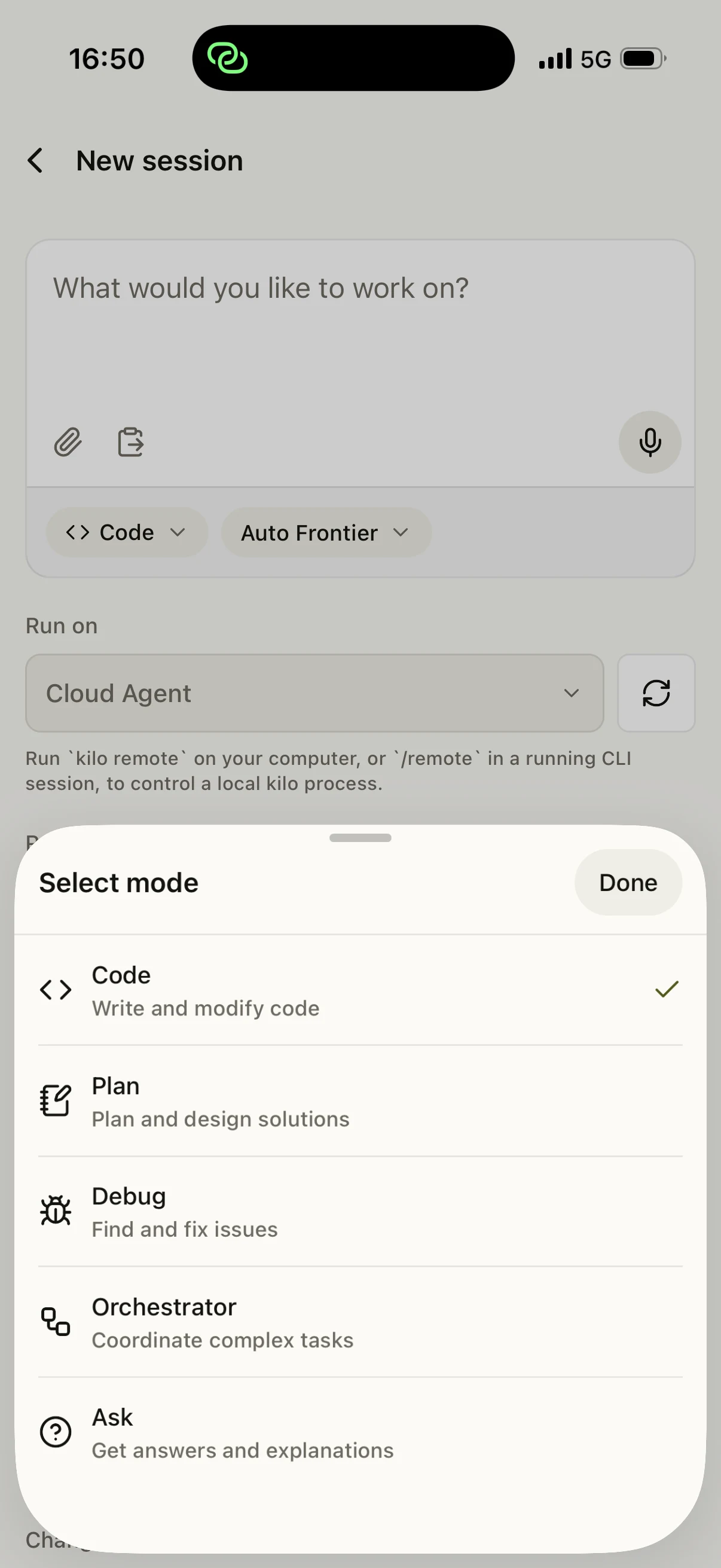 Choosing Code, Plan, Debug, Orchestrator, or Ask mode for a new mobile session