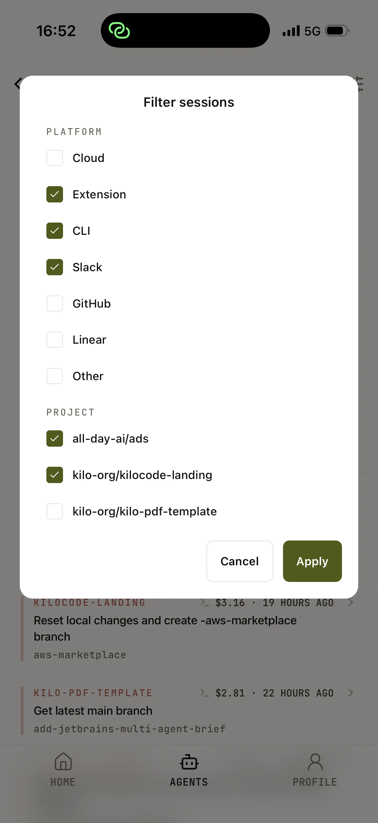 Kilo Mobile session filters for cloud, extension, CLI, and other platforms