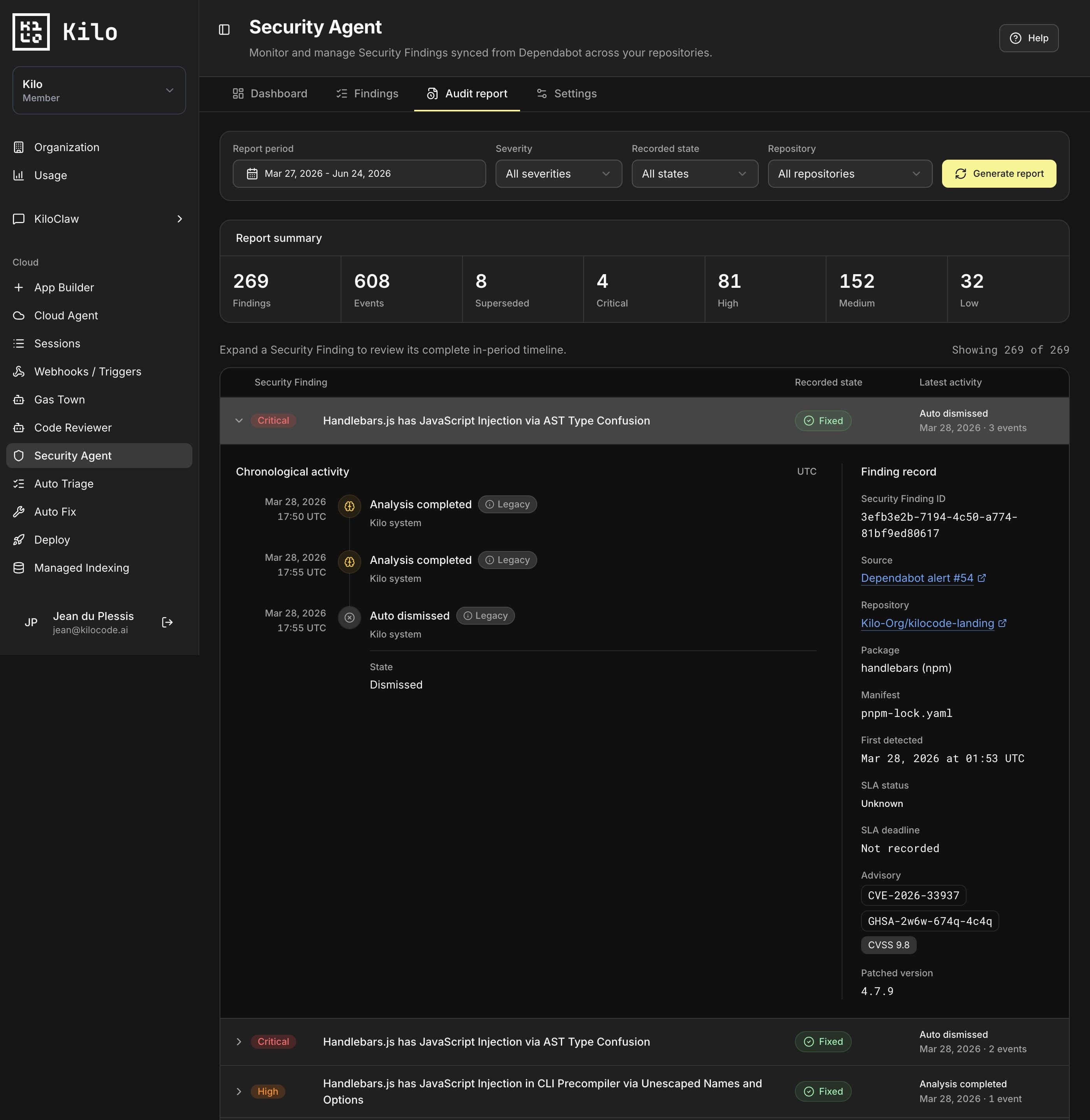 Security Agent audit report with period filters, summary metrics, chronological activity, and finding record details