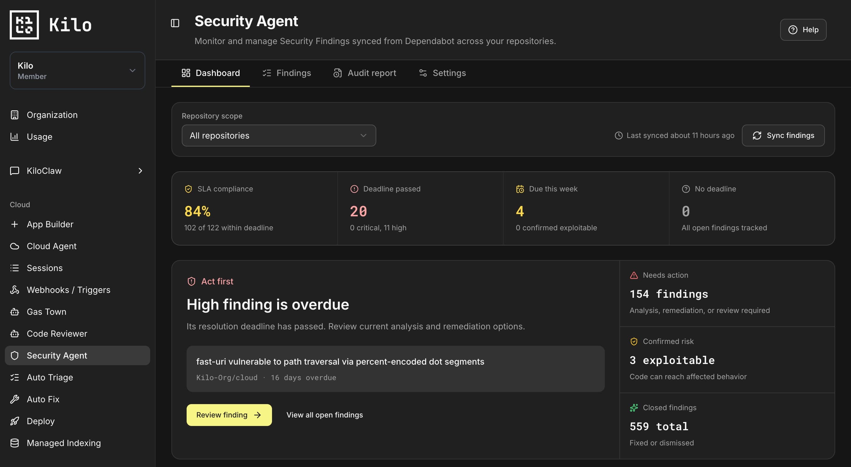 Security Agent dashboard with SLA compliance, overdue findings, codebase risk, and the highest priority finding