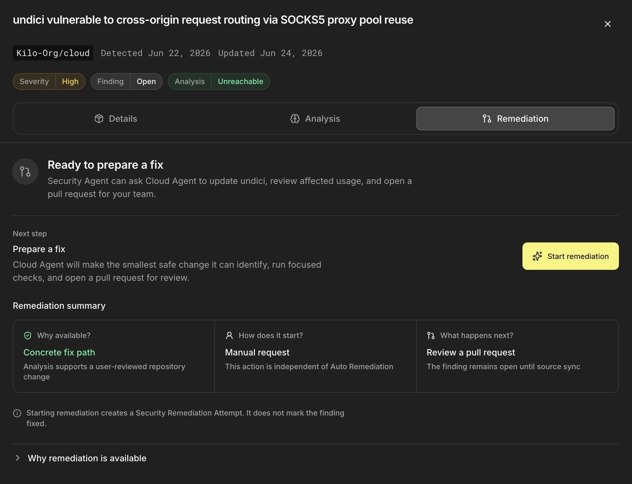 Security Finding remediation tab ready to start a Cloud Agent fix and open a reviewed pull request