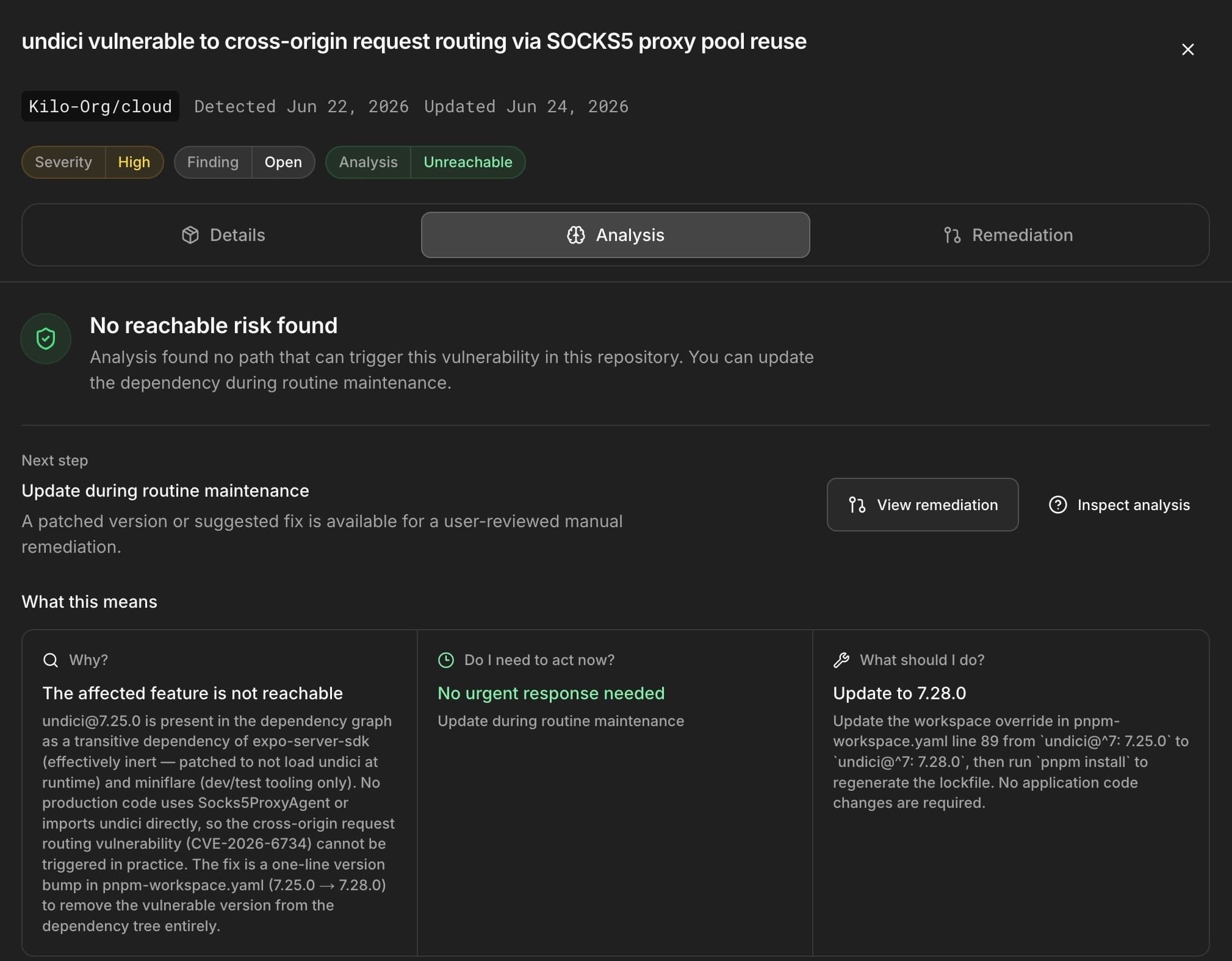 Security Finding analysis tab showing no reachable risk, supporting evidence, urgency, and recommended update