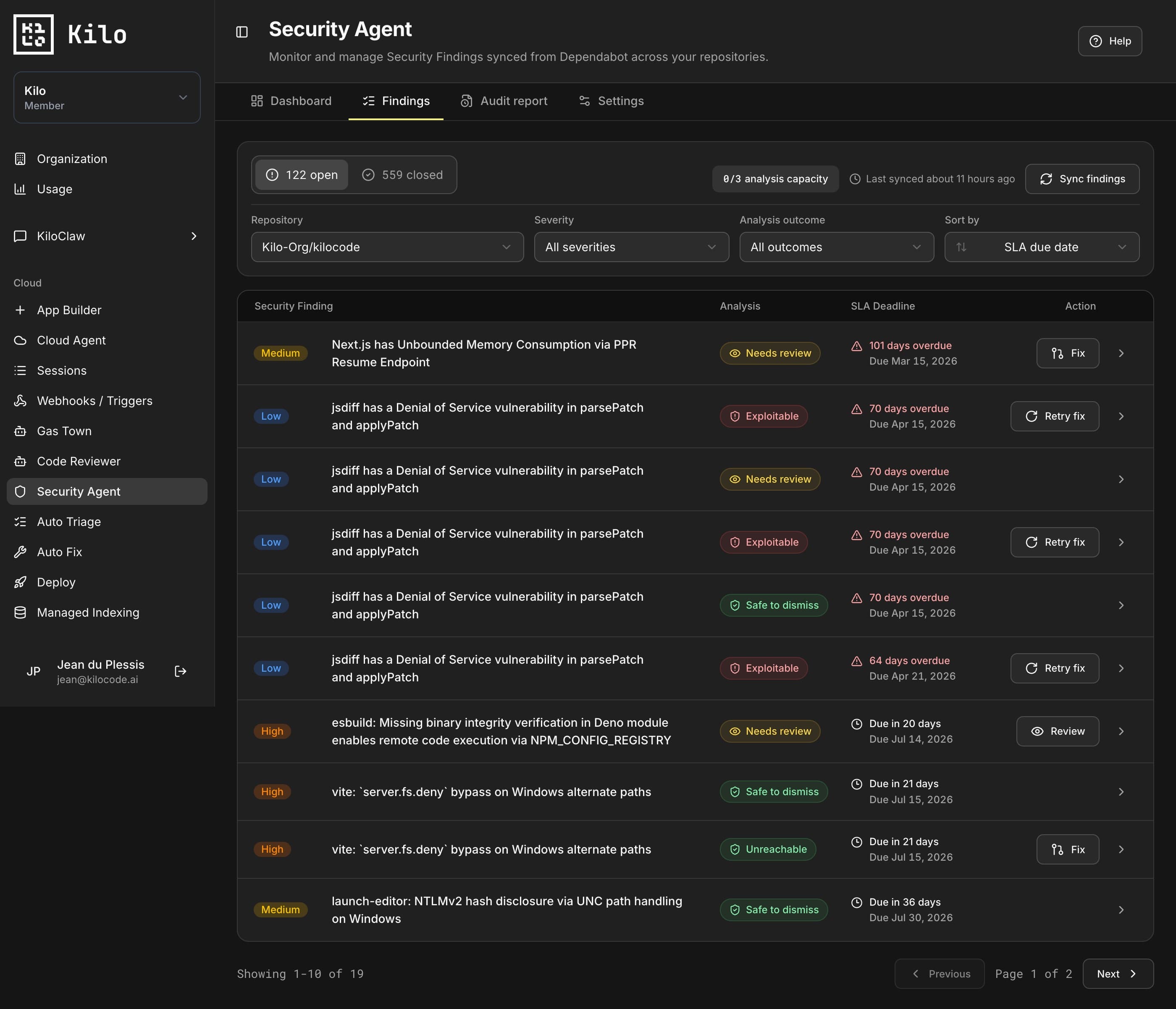 Security Agent findings queue with filters, analysis outcomes, SLA deadlines, and remediation actions
