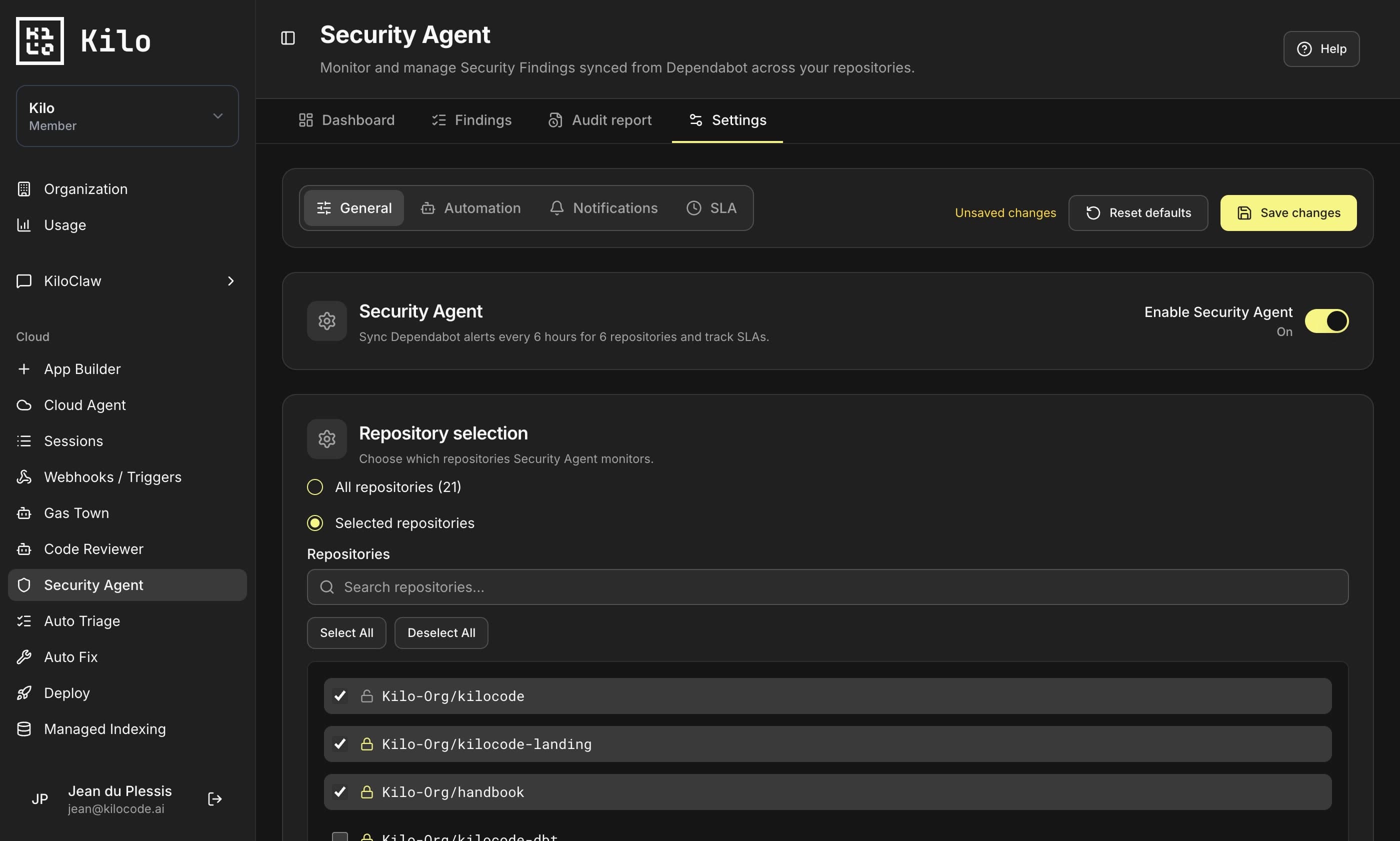 Security Agent general settings with repository selection, dedicated AI models, and analysis mode options