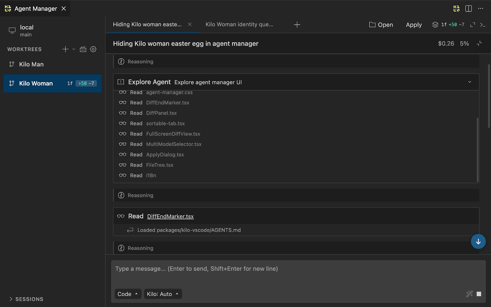 Kilo Code Agent Manager with multiple sessions open in VS Code