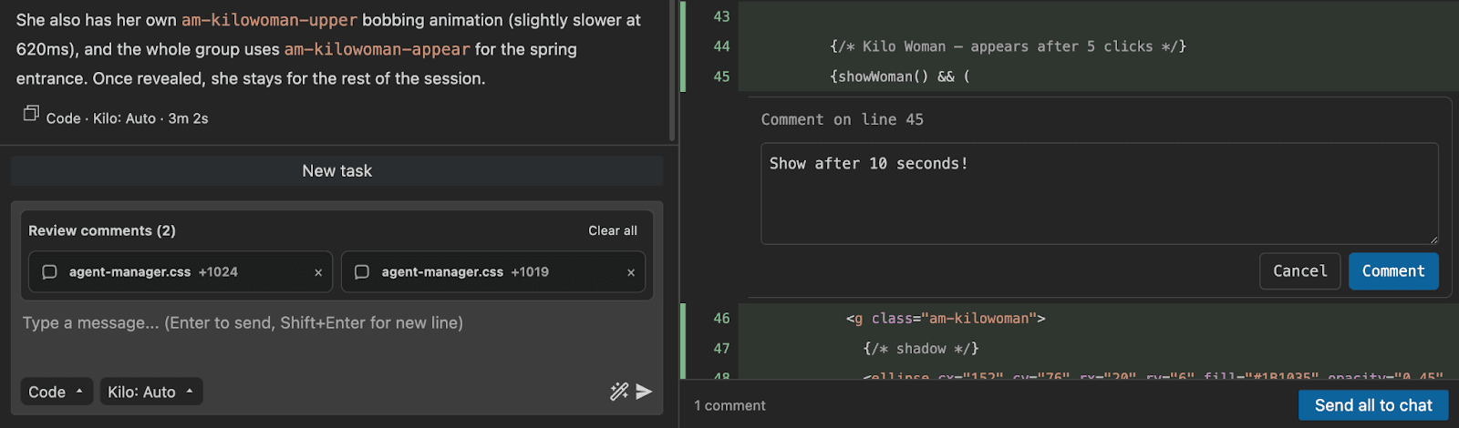 Kilo Code inline code review with line comments and send all to chat
