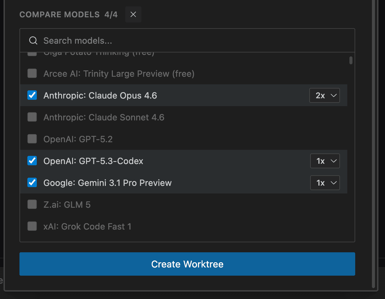 Kilo Code model comparison dialog selecting multiple models for the same task