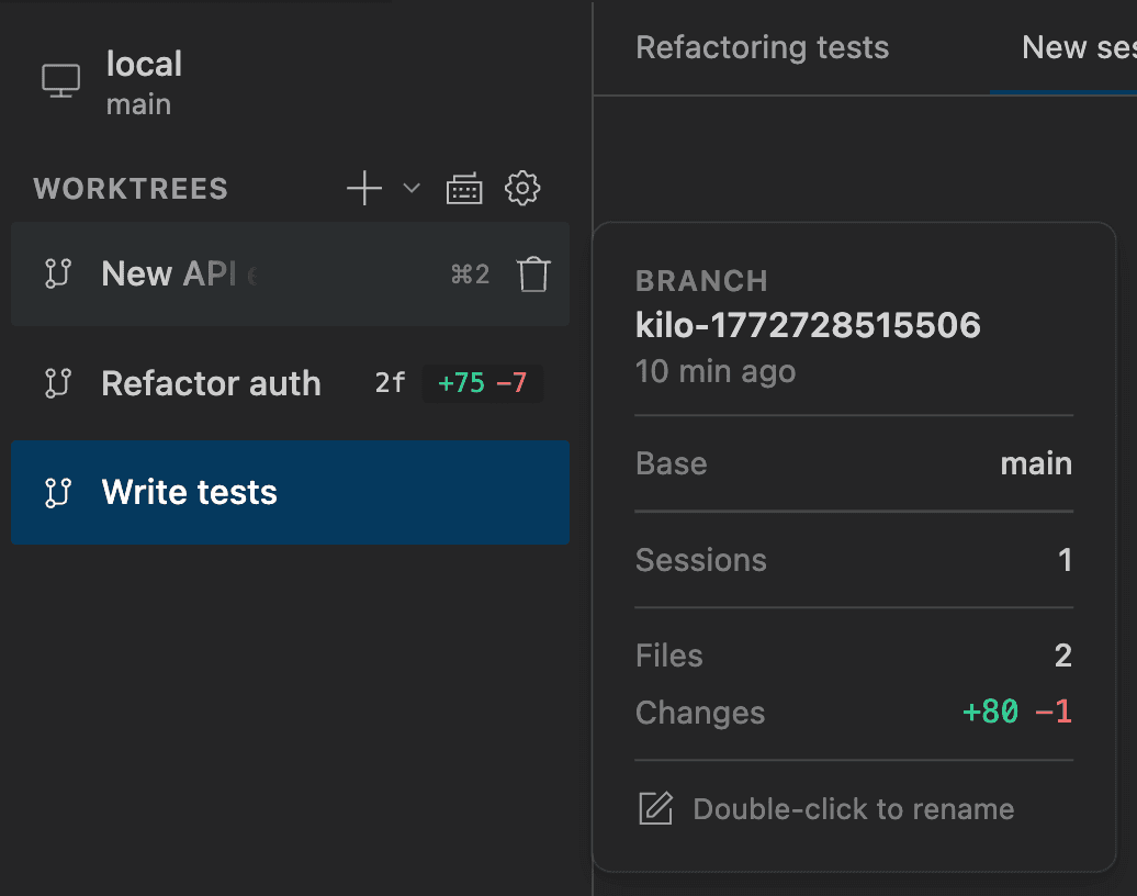 Kilo Code worktree manager showing separate branches and change counts for multiple agents