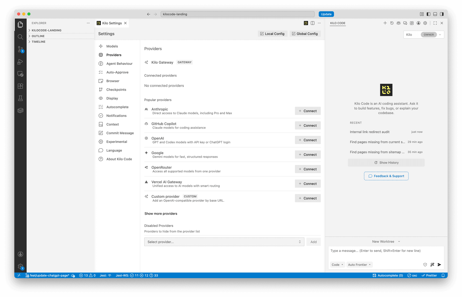 Open Kilo Code settings panel