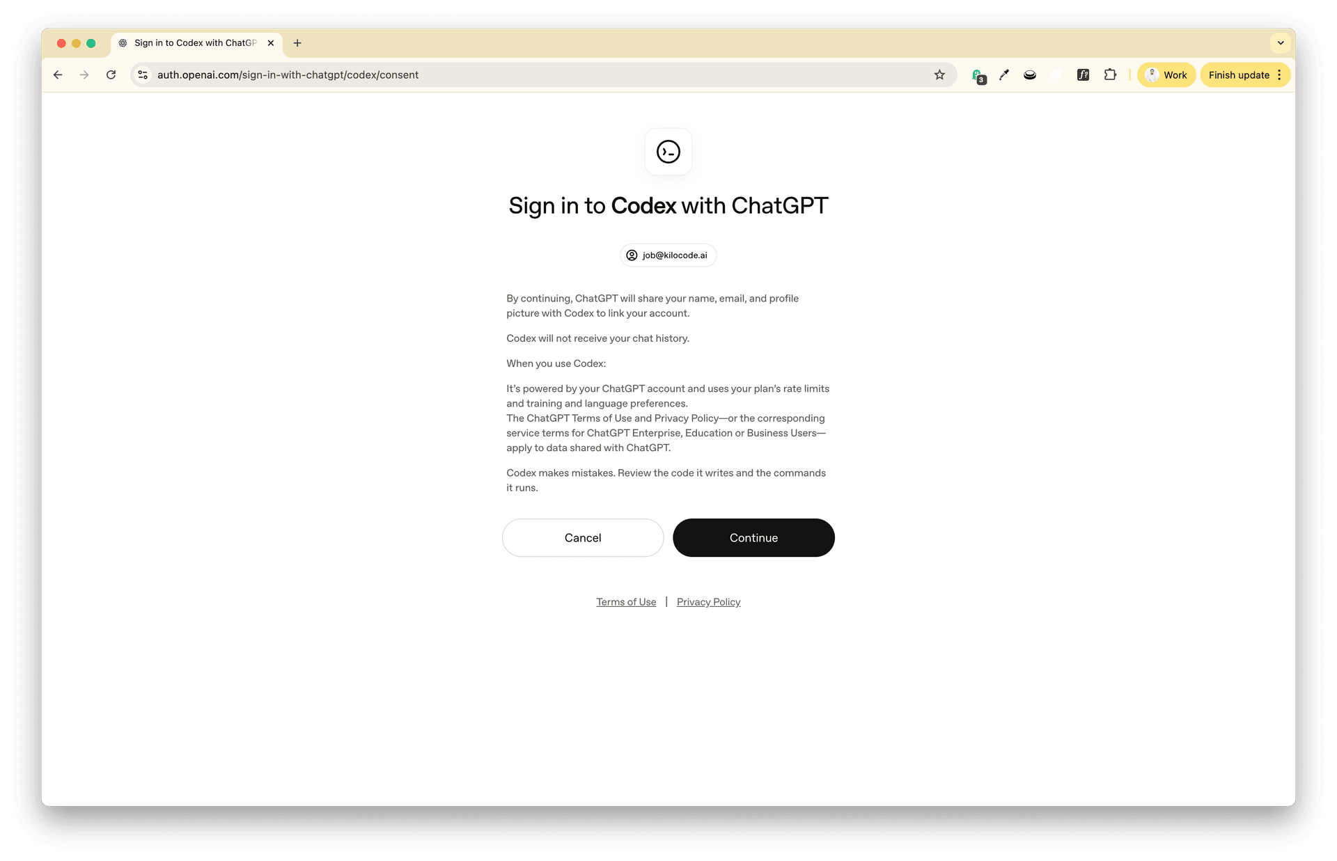 Sign in and authorize Kilo Code in the browser