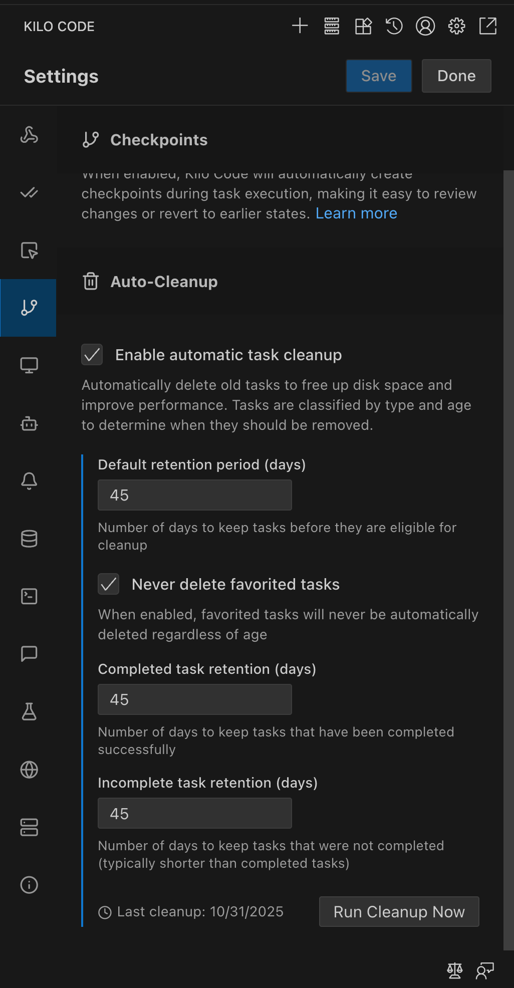 Auto-Cleanup settings panel