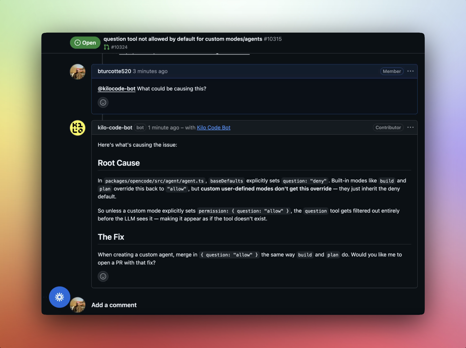 Asking @kilocode-bot to diagnose a bug report on a GitHub issue