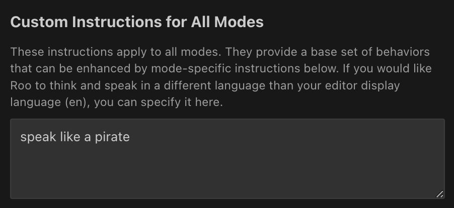 Kilo Code Modes tab showing global custom instructions interface