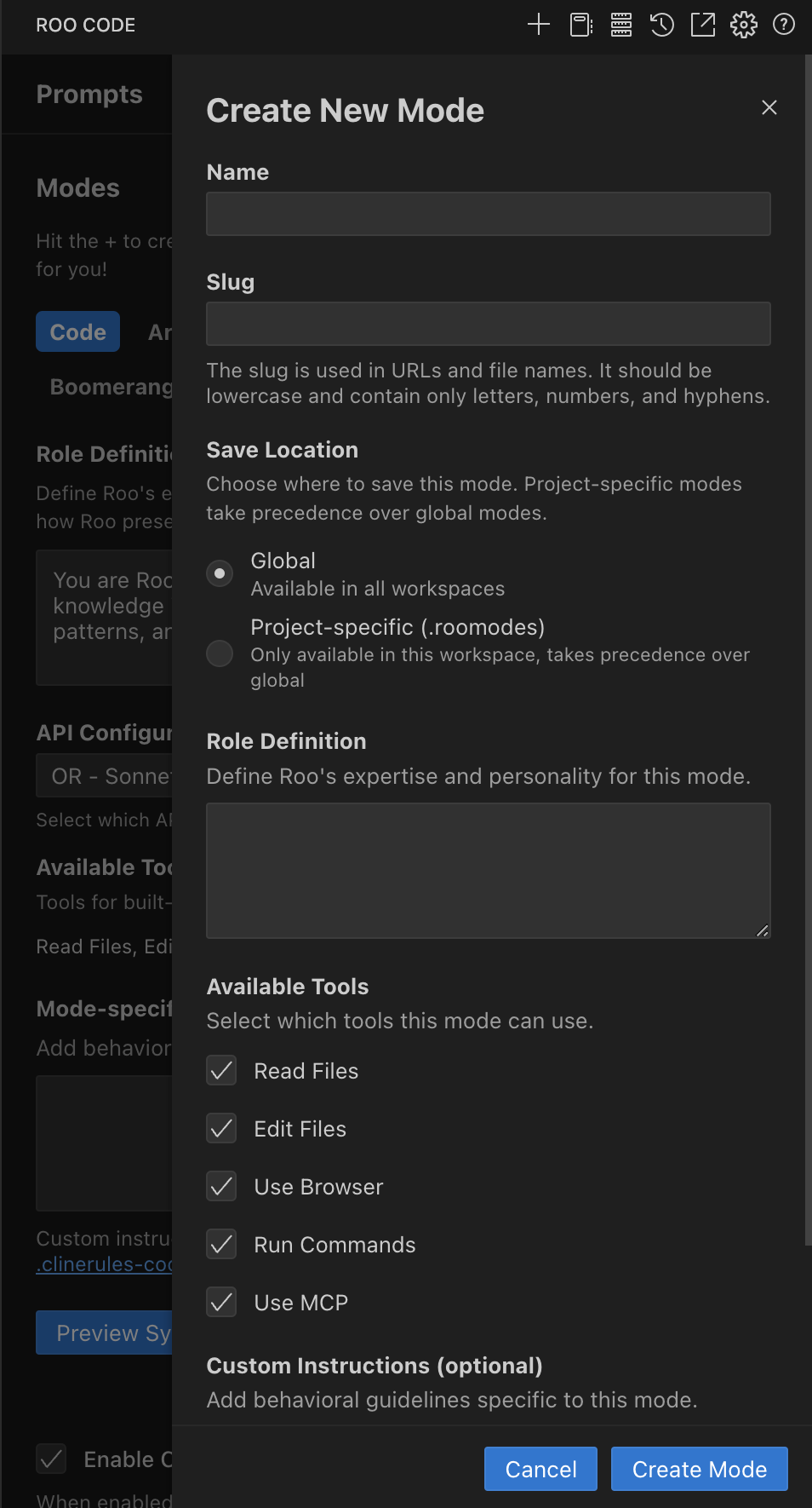 Custom mode creation interface in the Prompts tab