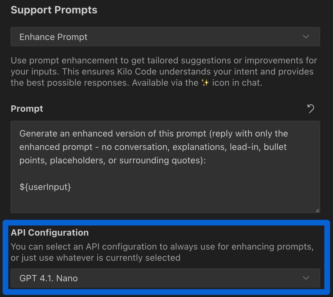 Custom profile configuration for Enhance Prompt feature