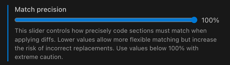 Kilo Code settings showing Enable editing through diffs checkbox and Match precision slider