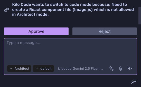 Accepting a mode switch suggestion from Kilo Code