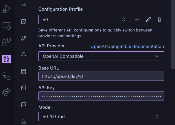 v0 configuration in Kilo Code settings