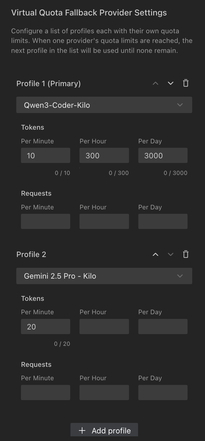 virtuaQuotaFallback configuration in Kilo Code settings