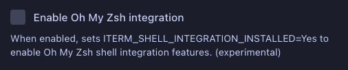 Enable Oh My Zsh integration checkbox