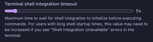 Terminal shell integration timeout slider set to 15s
