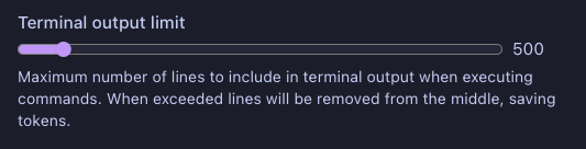 Terminal output limit slider set to 500