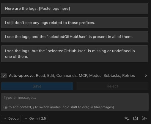 Example of Kilo Code asking a question with suggested response buttons below it