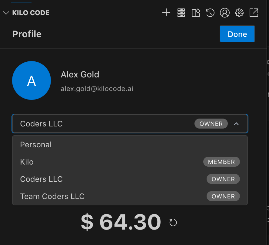 Dropdown showing different organizations available