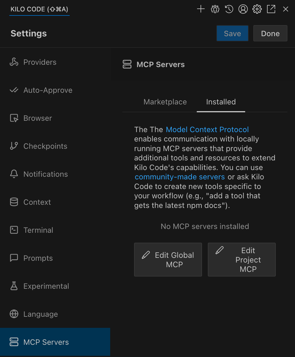 Edit Global MCP and Edit Project MCP buttons