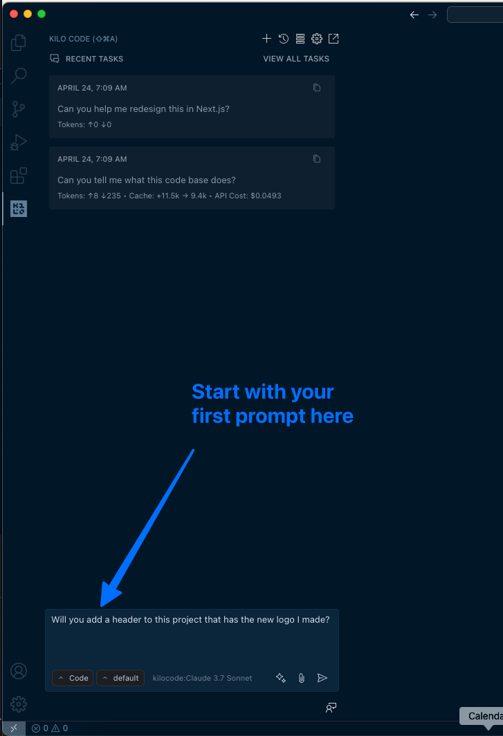 Typing a task in the Kilo Code chat interface