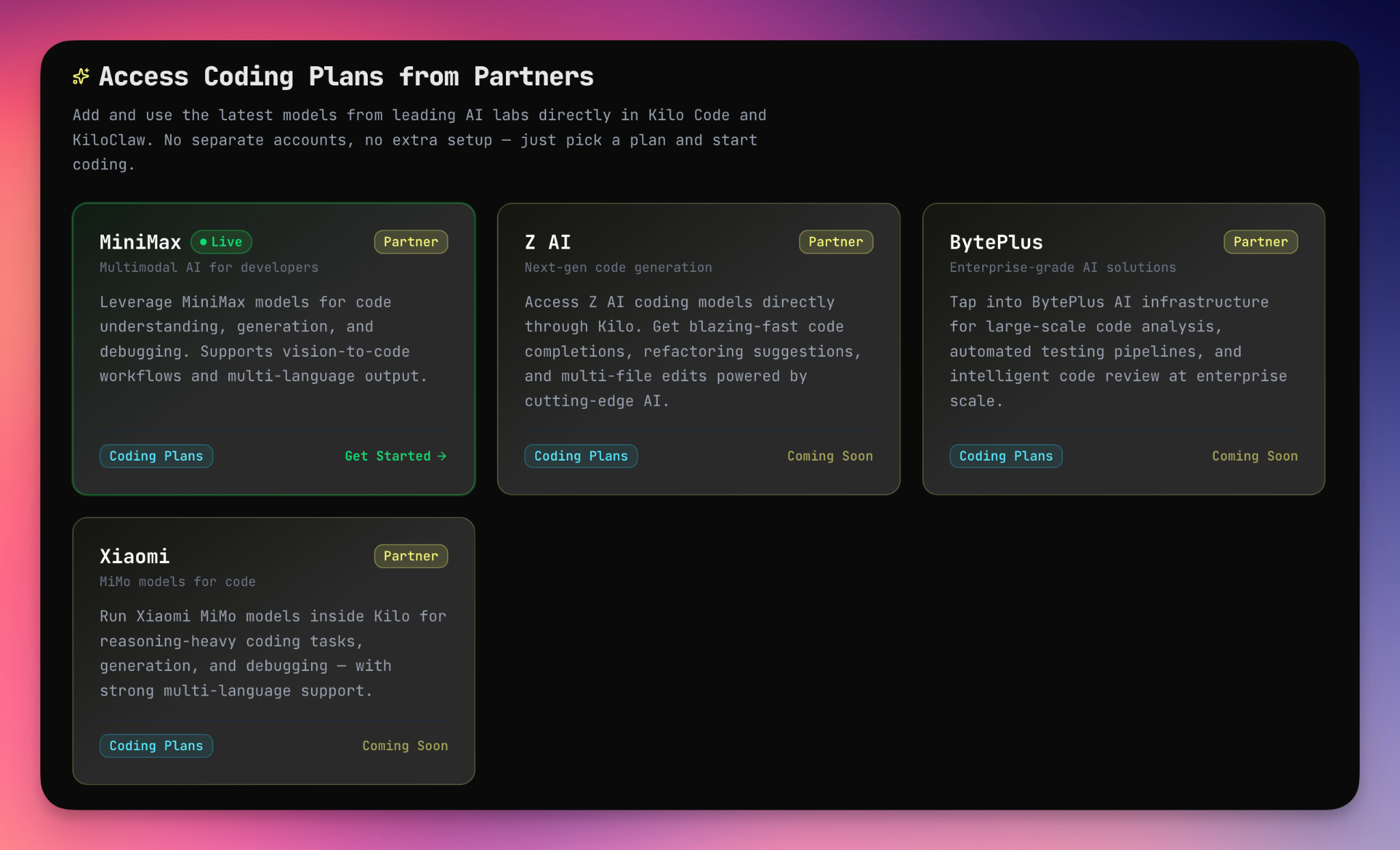 Coding plans are live in the Kilo Marketplace, starting with MiniMax