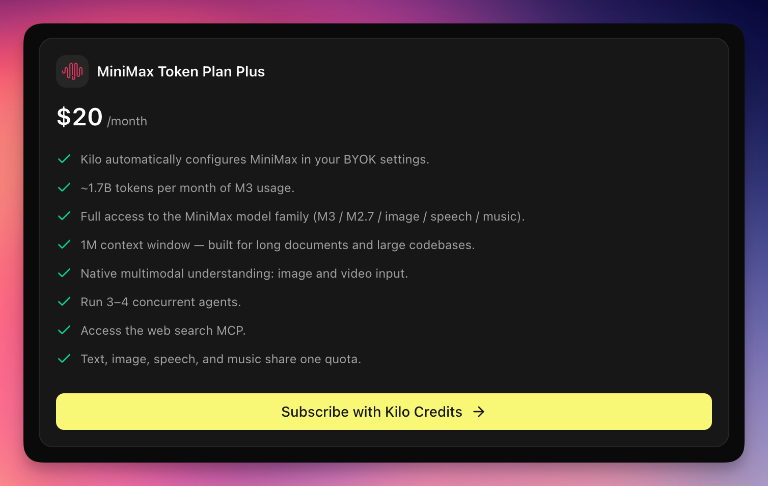 MiniMax Token Plan Plus, available directly in Kilo