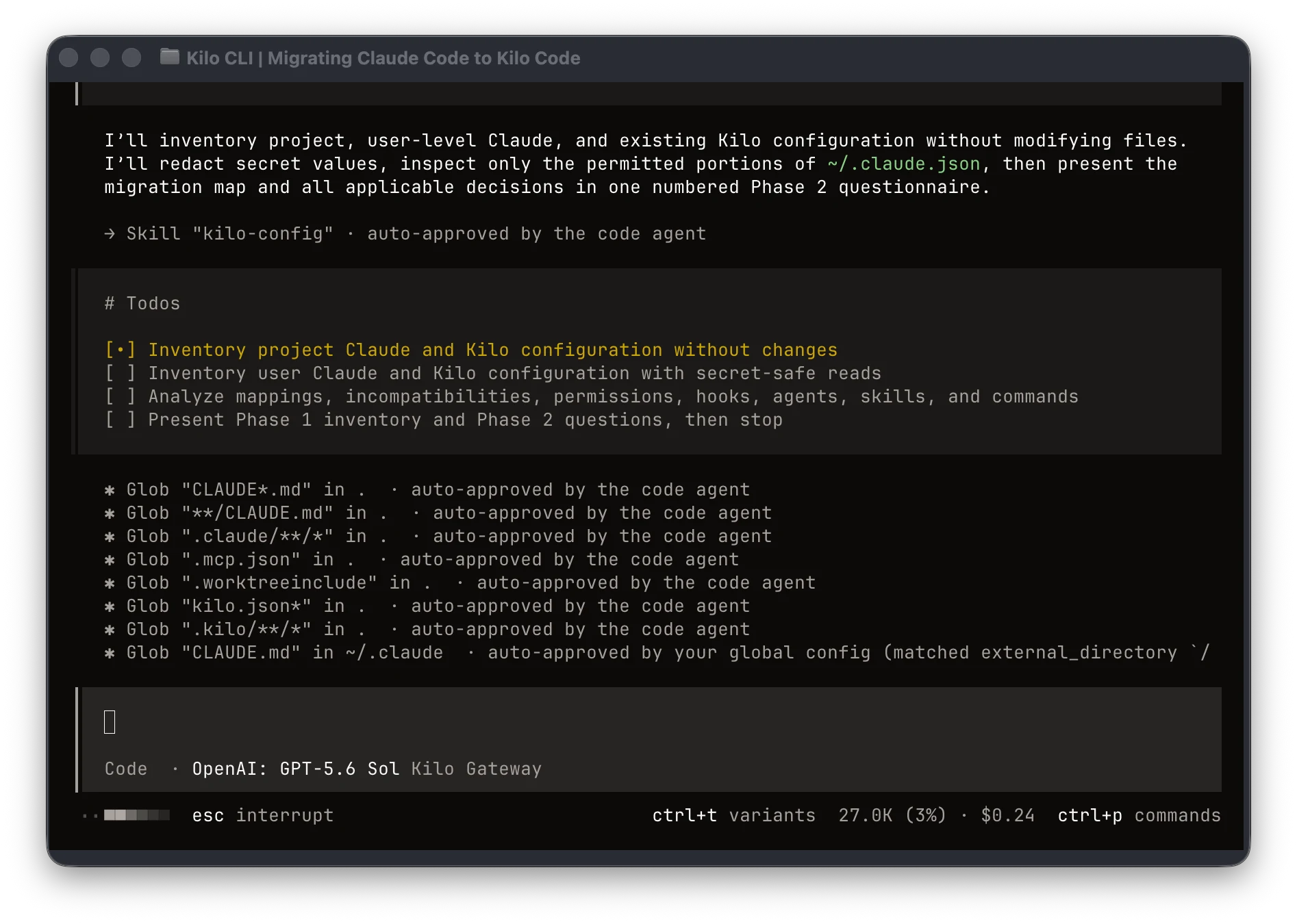 Kilo CLI inventorying Claude Code configuration with the automated migration prompt