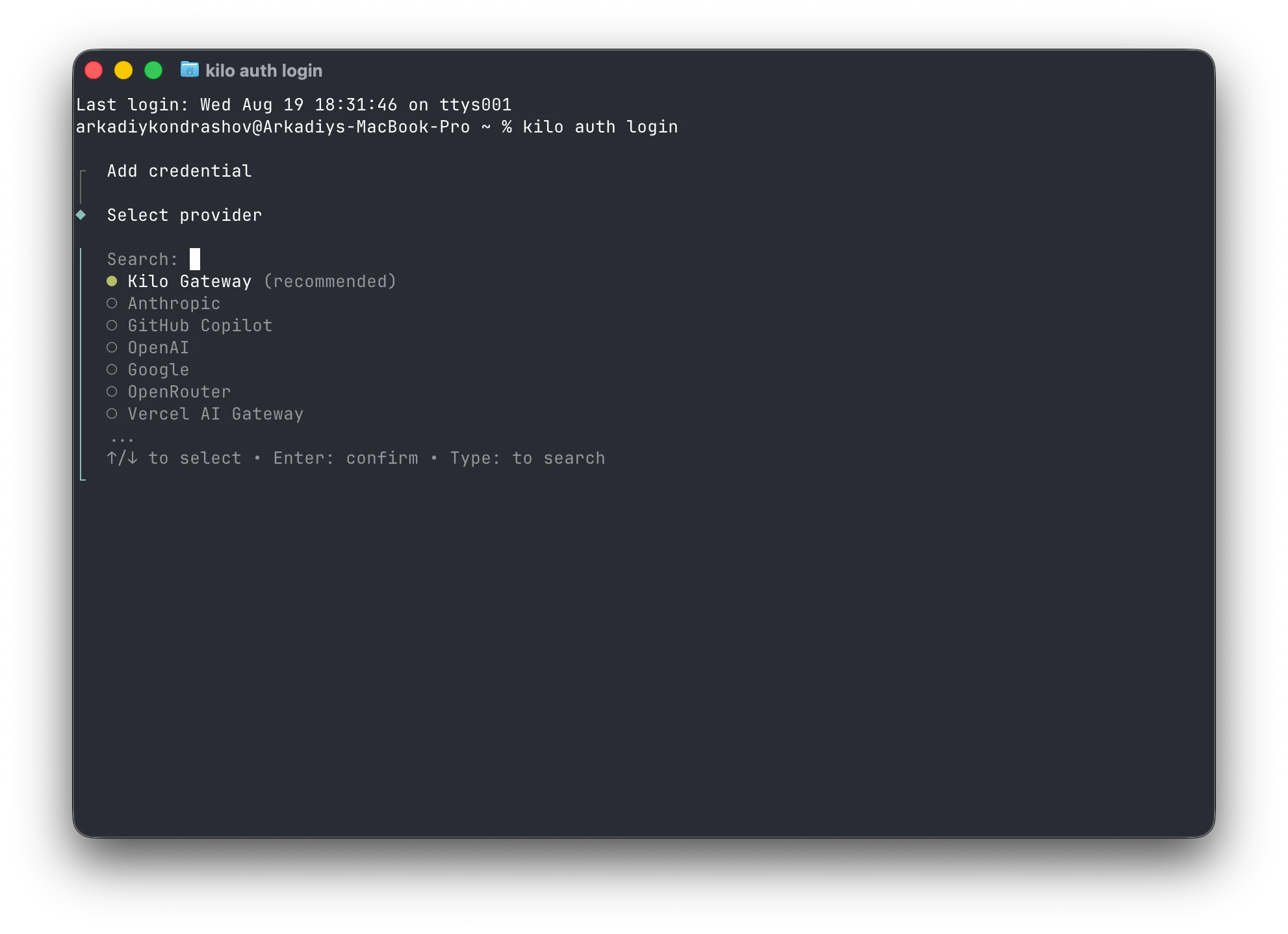 Kilo CLI provider selection after running kilo auth login