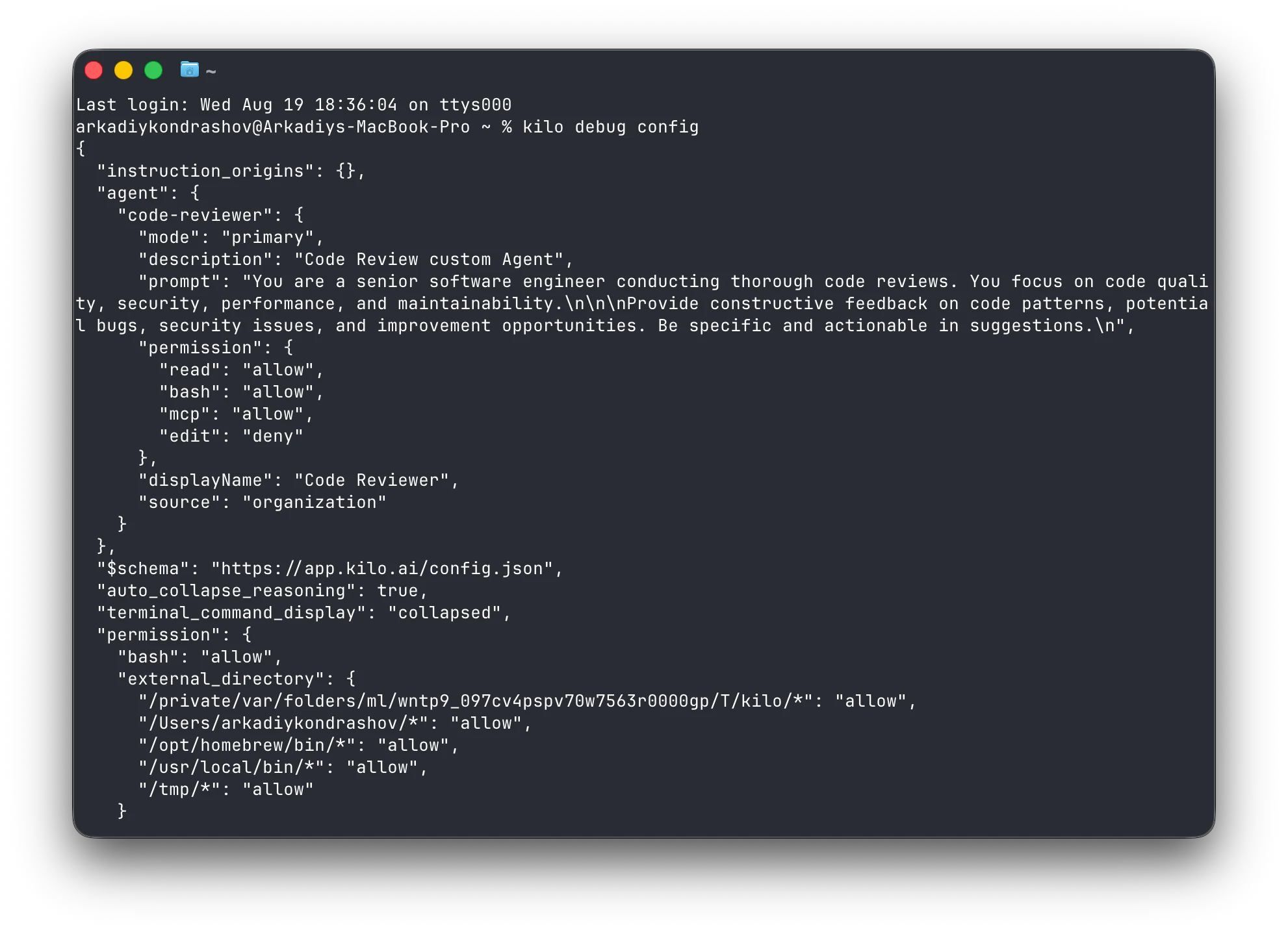 Resolved Kilo configuration displayed by kilo debug config