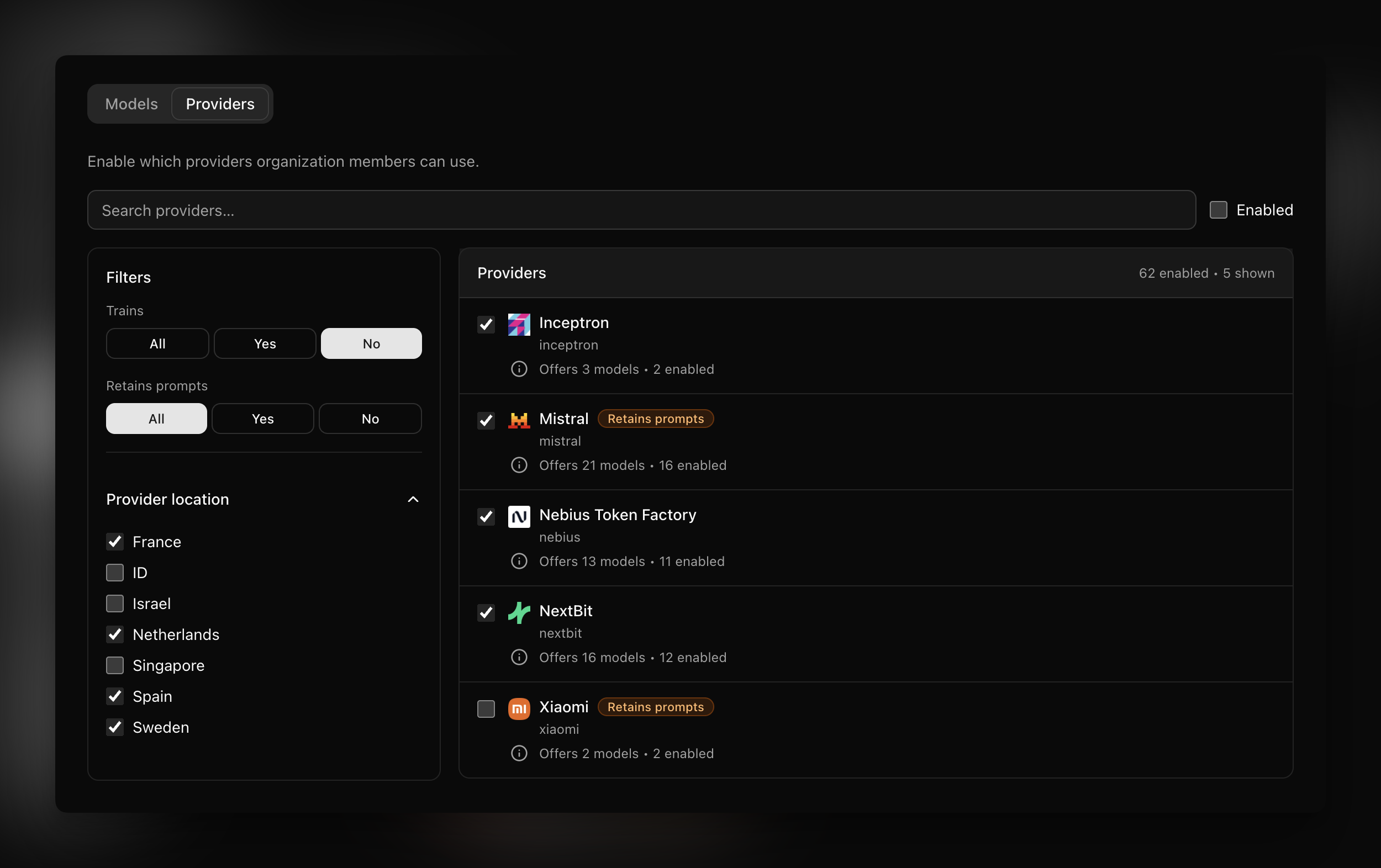 Kilo provider controls with filters for prompt training, prompt retention, and provider location