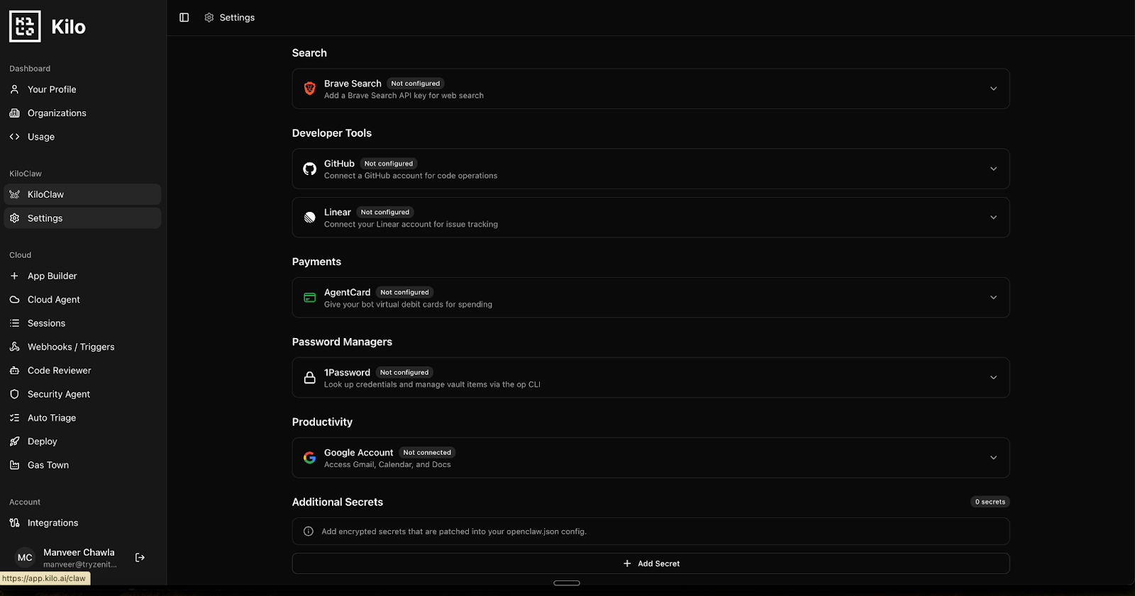 KiloClaw workflow setup dashboard